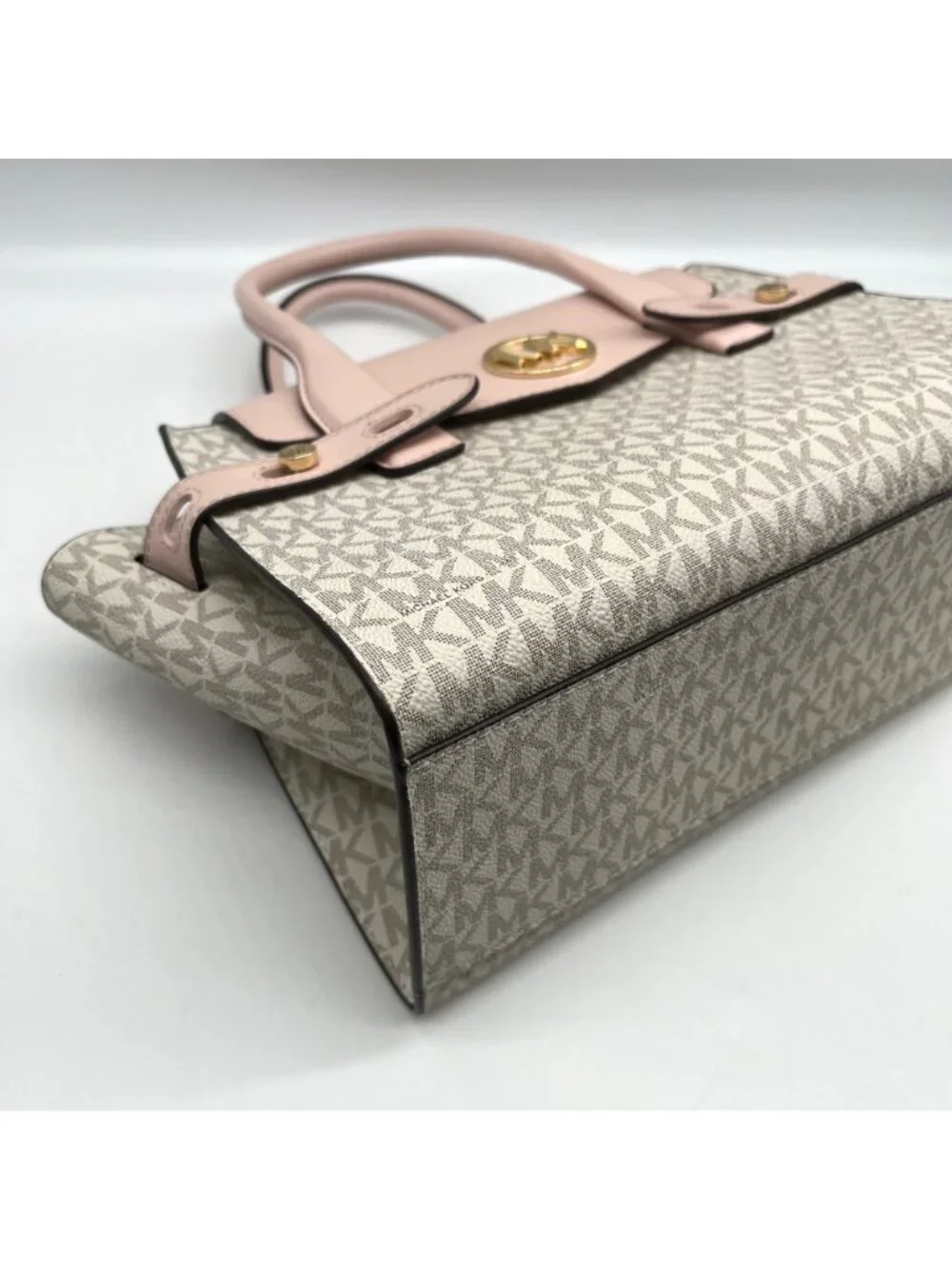 Michael Kors Carmen Vanilla/Powder Blush Signature Canvas Medium Belted Satchel